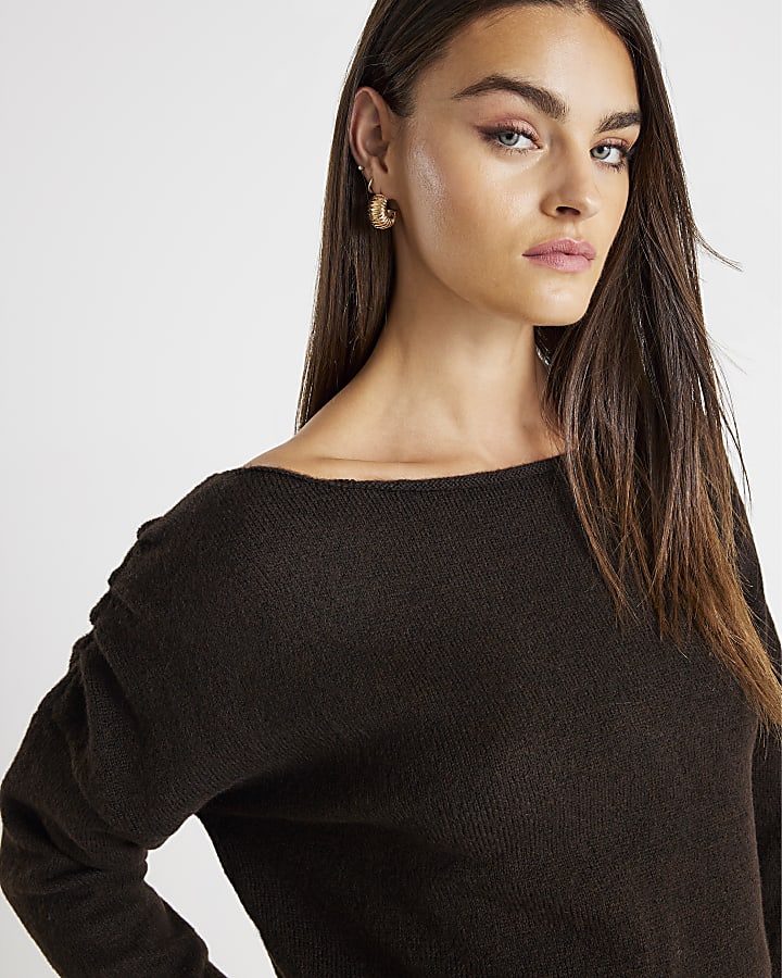 Brown Knitted Off The Shoulder Jumper