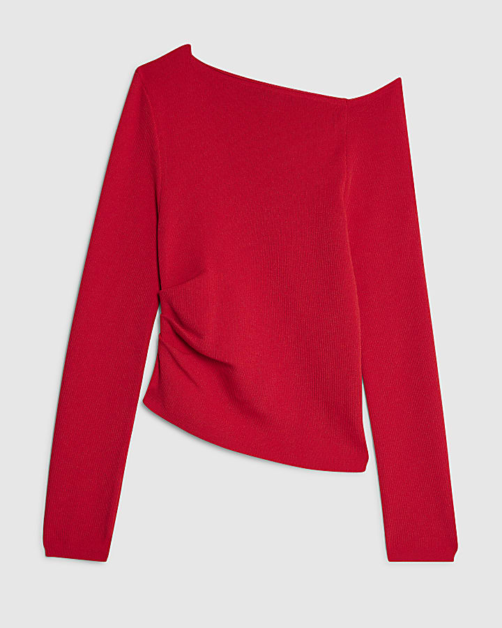 Red Long Sleeve Fitted Off Shoulder Top