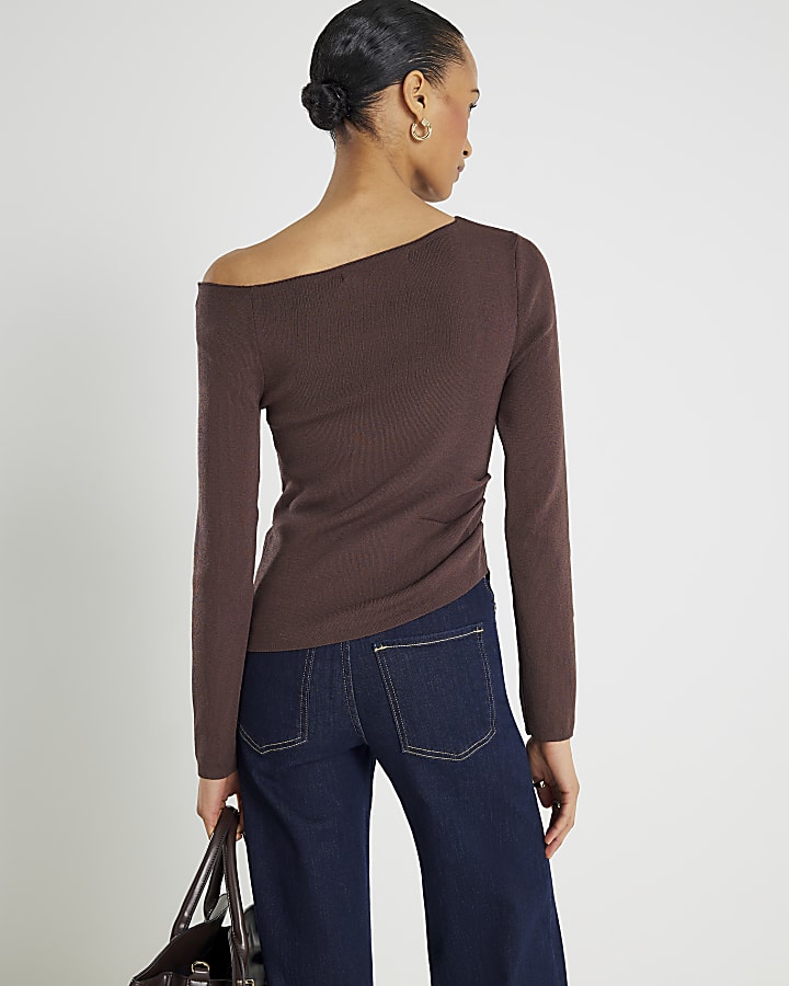 Brown Knitted Long Sleeve Off Shoulder Top