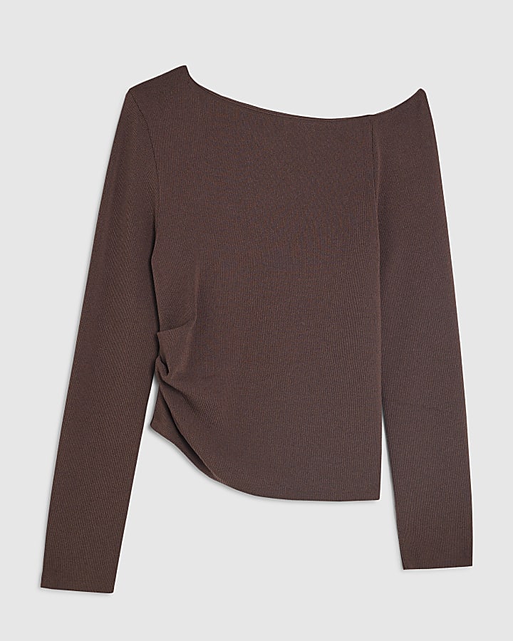 Brown Knitted Long Sleeve Off Shoulder Top