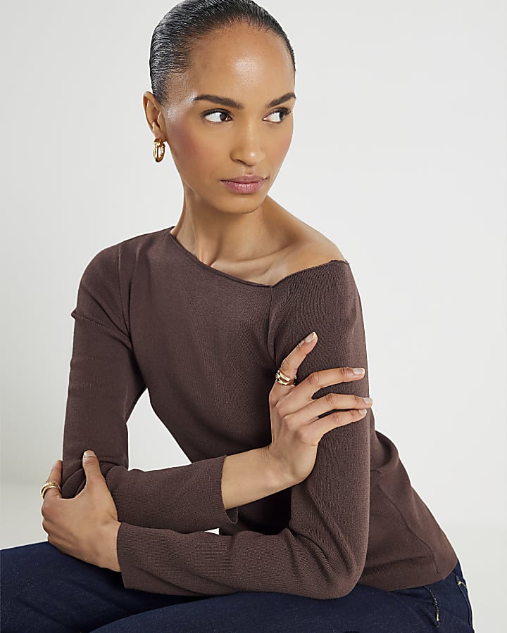 Brown Knitted Long Sleeve Off Shoulder Top