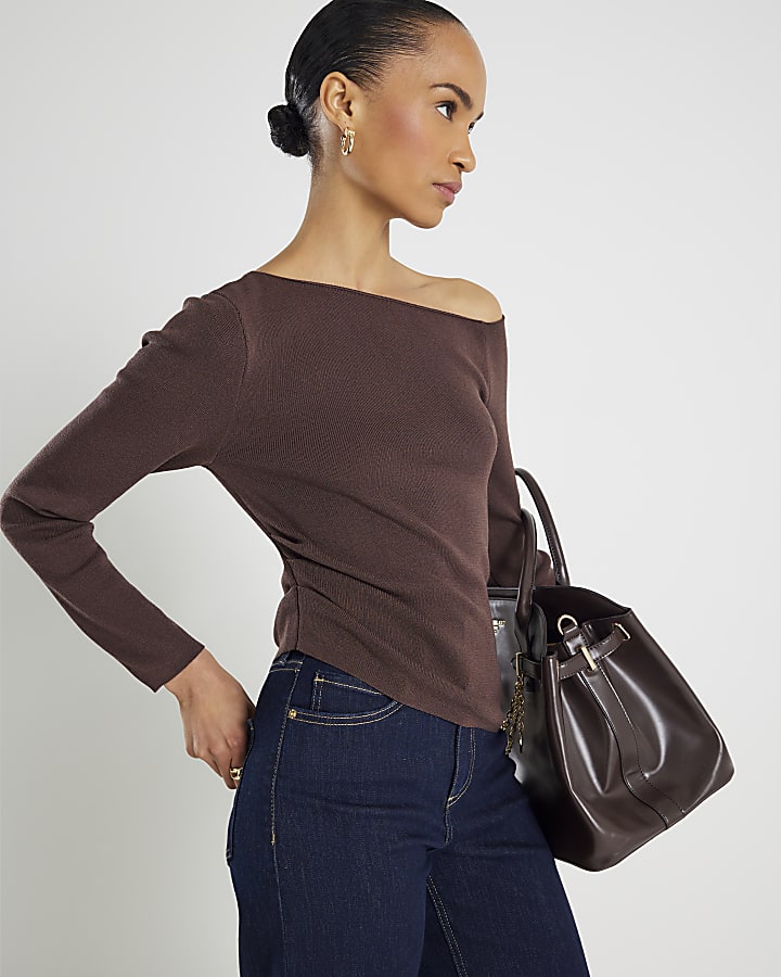 Brown Knitted Long Sleeve Off Shoulder Top