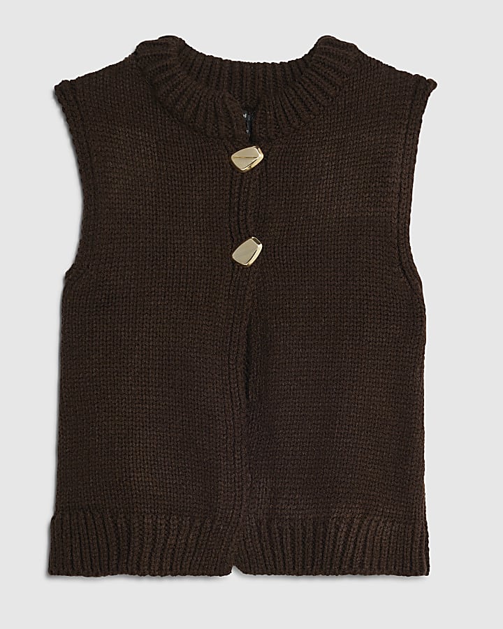 Brown Knitted Sleeveless Button Cardigan