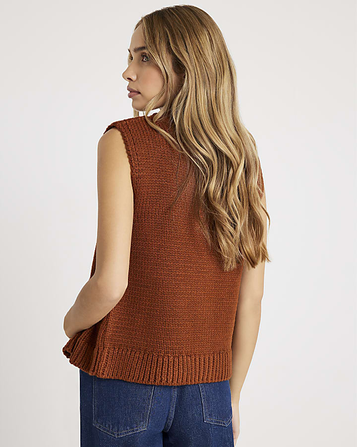 Brown Sleeveless Button Up Cardigan
