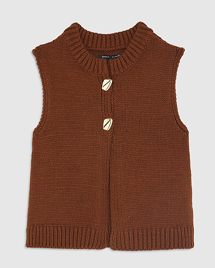 Brown Sleeveless Button Up Cardigan