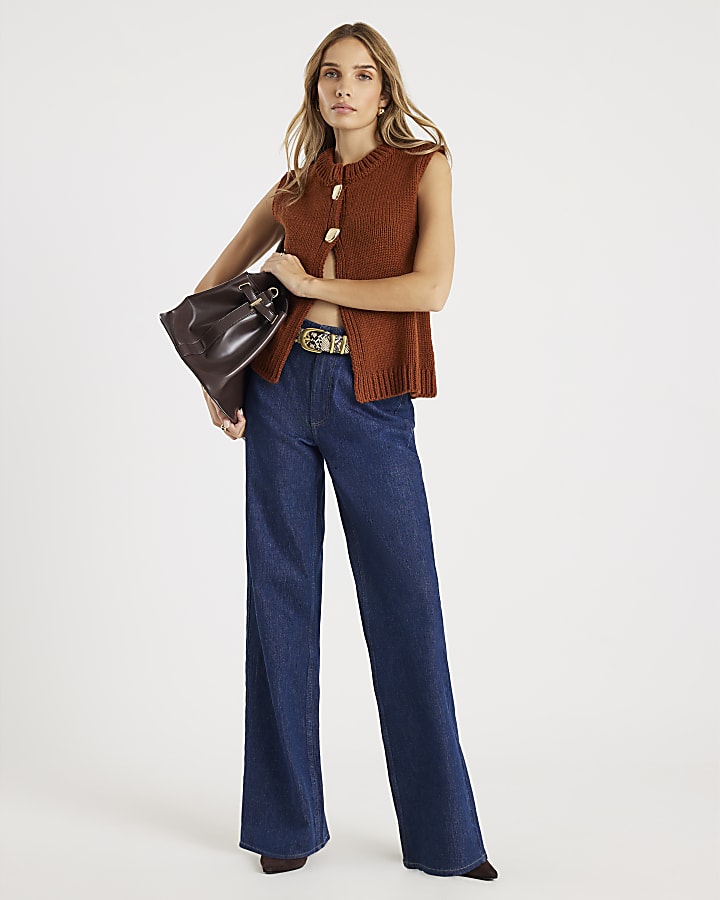 Brown Sleeveless Button Up Cardigan