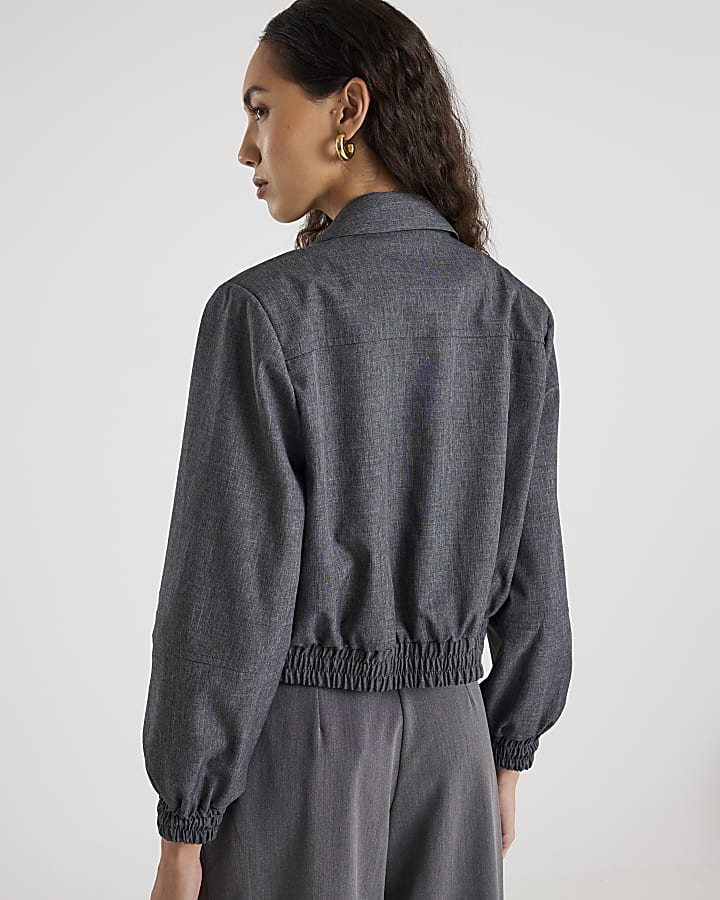 Grey Long Sleeve Collared Bomber Jacket