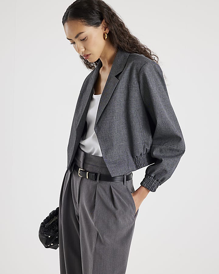 Grey Long Sleeve Collared Bomber Jacket