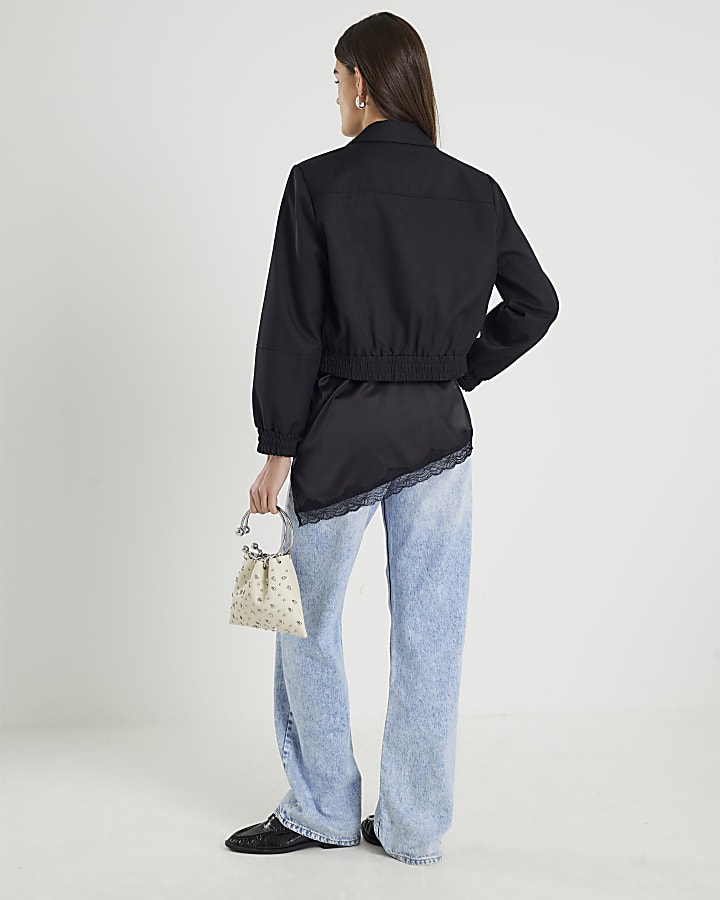 Black Long Sleeve Collared Bomber Jacket