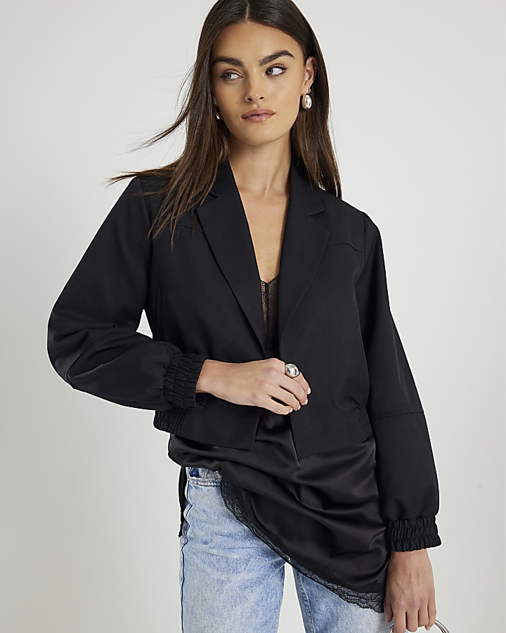 Black Long Sleeve Collared Bomber Jacket