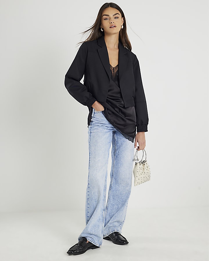 Black Long Sleeve Collared Bomber Jacket