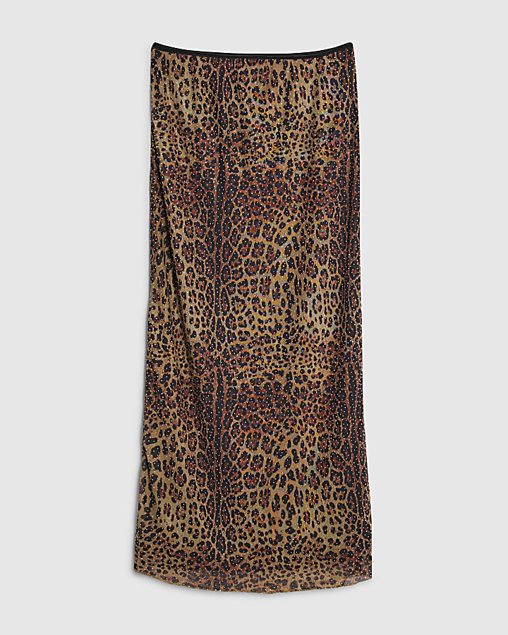 Black Mesh Leopard Print Diamante Midi Skirt
