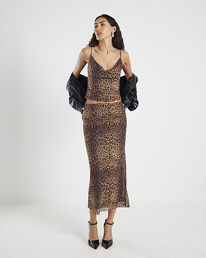 Black Mesh Leopard Print Diamante Midi Skirt