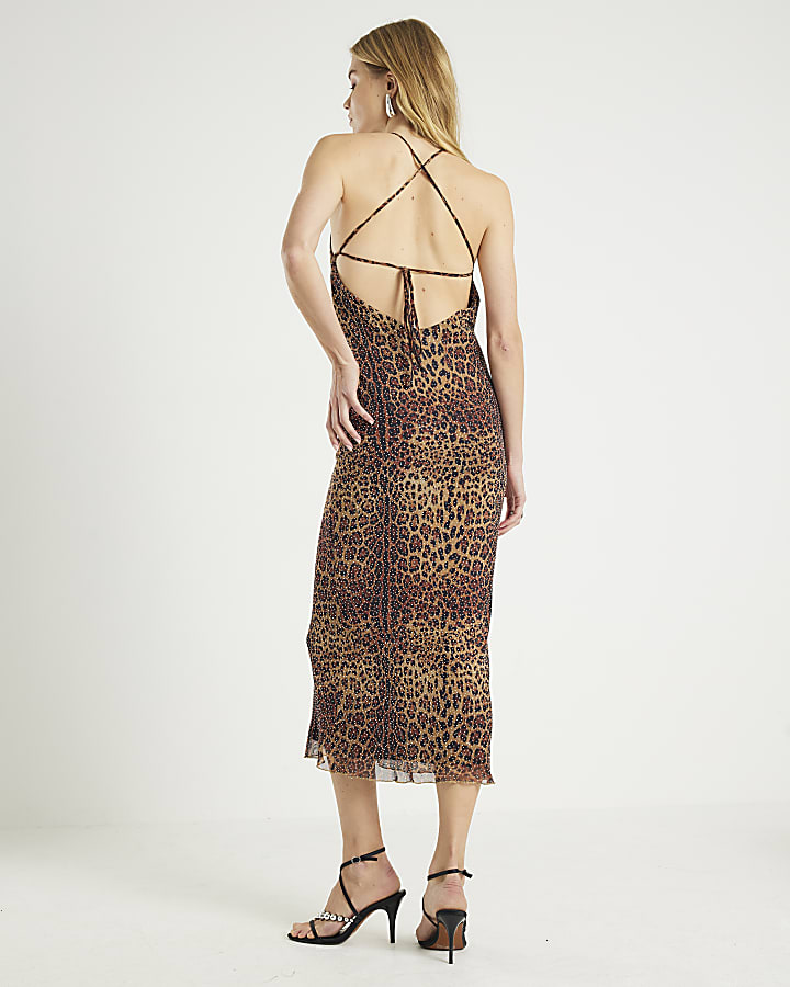 Black Mesh Leopard Print Diamante Midi Dress