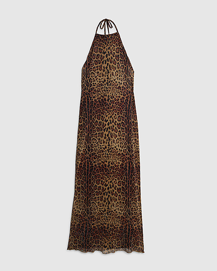 Black Mesh Leopard Print Diamante Midi Dress