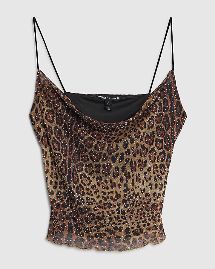 Black Mesh Leopard Print Diamante Cami Top