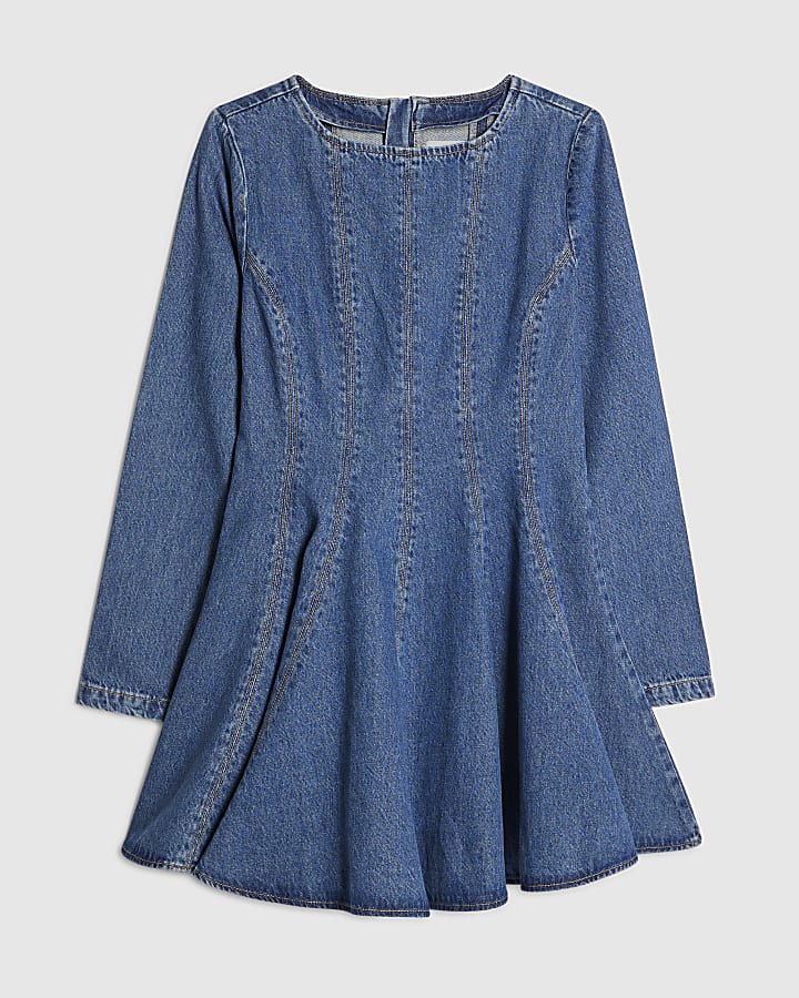 Blue Denim Long Sleeve Seamed Mini Dress