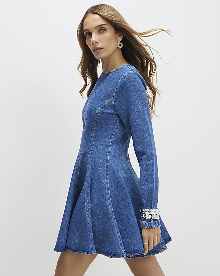 Blue Denim Long Sleeve Seamed Mini Dress