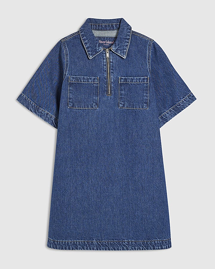 Denim Zip Front Mini Dress