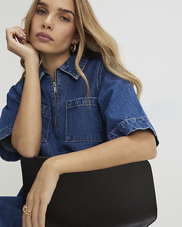 Denim Zip Front Mini Dress