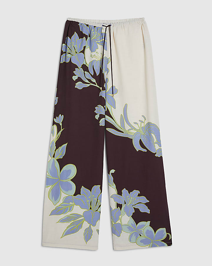 Petite Cream Floral Border Beach Trousers
