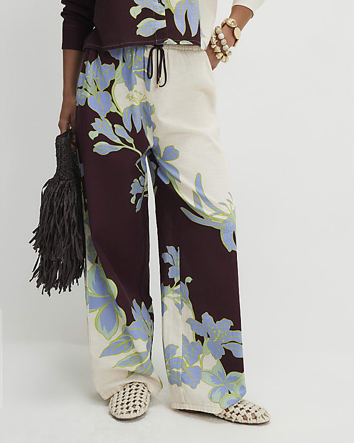Petite Cream Floral Border Beach Trousers