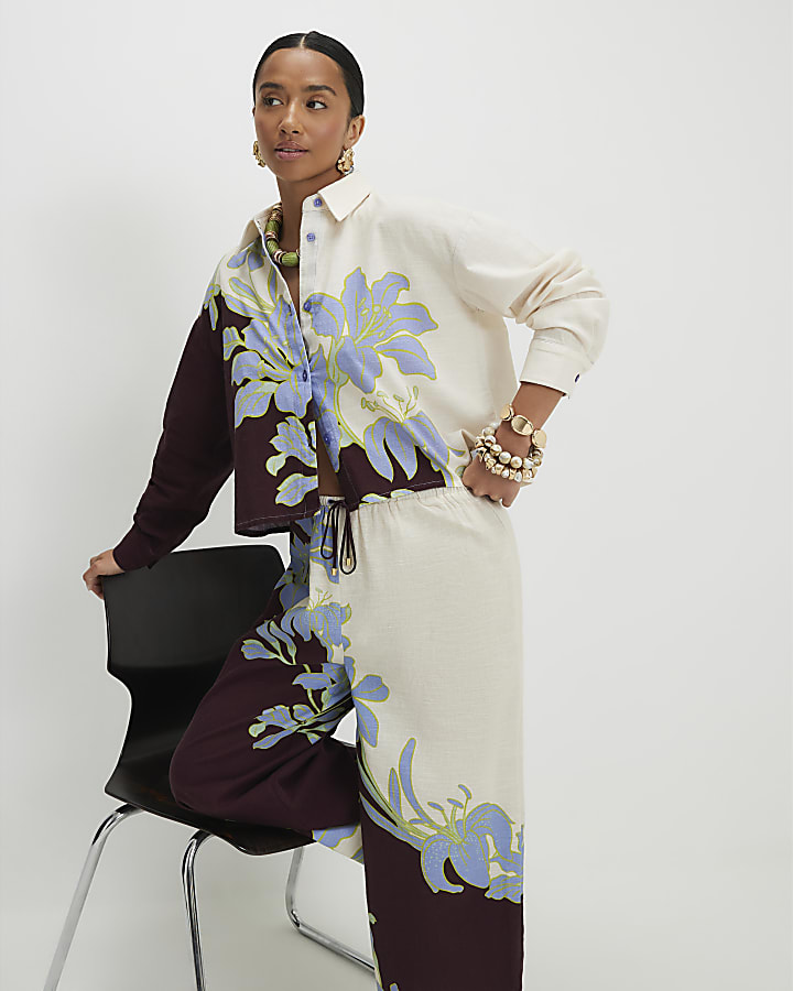 Petite Cream Floral Border Beach Trousers