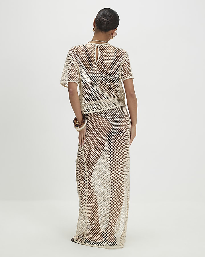 Petite Cream Crochet Embellished Midi Skirt