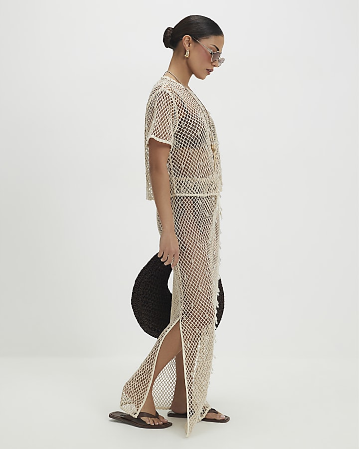 Petite Cream Crochet Embellished Midi Skirt