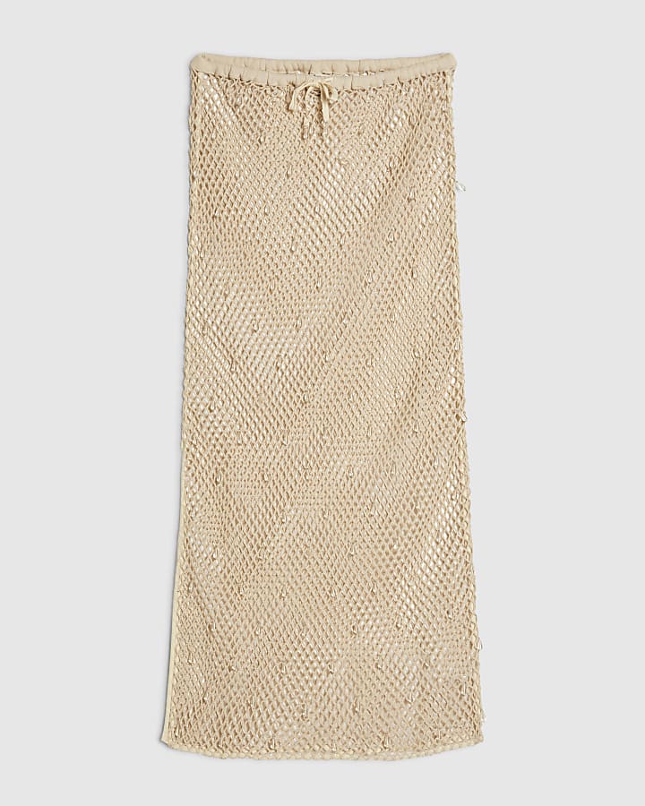 Petite Cream Crochet Embellished Midi Skirt