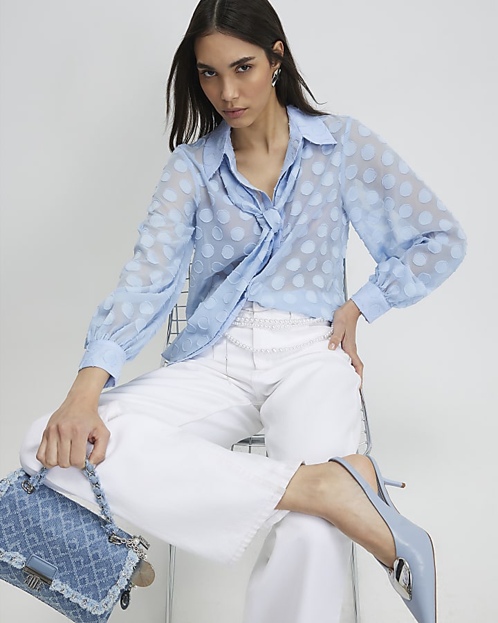 Blue Organza Polka Dot Blouse