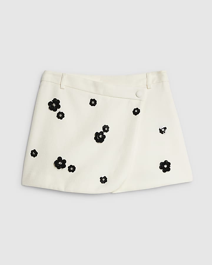 White Embellished Floral Skort