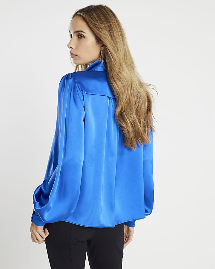 Blue Satin Pussybow Blouse