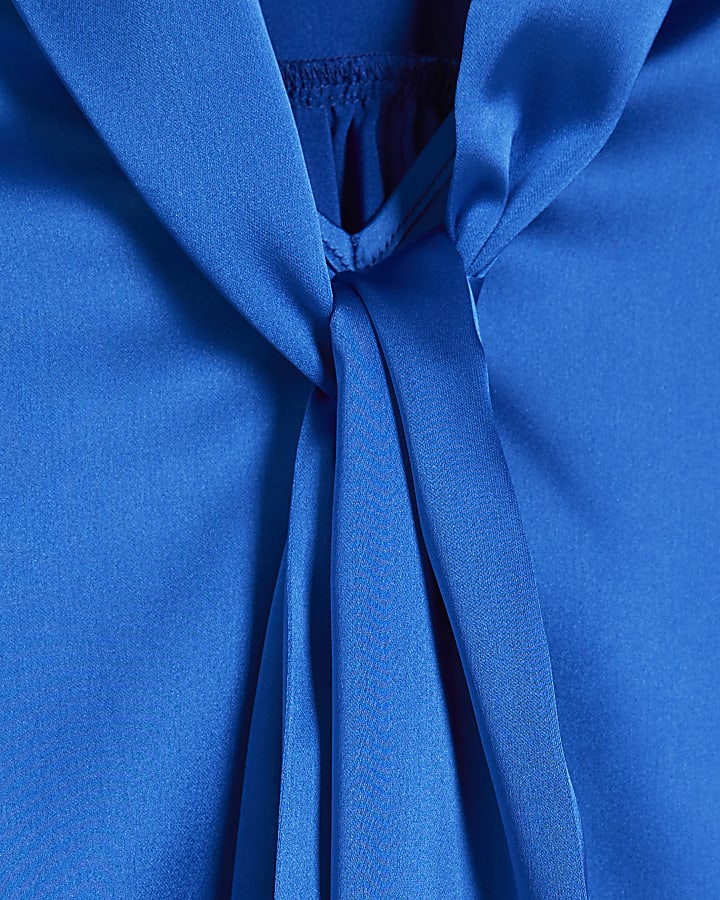 Blue Satin Pussybow Blouse