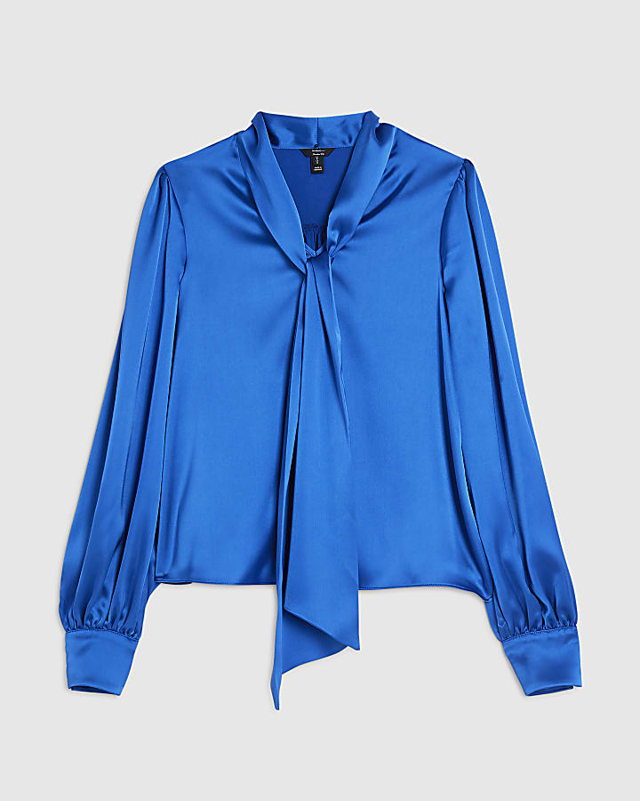 Blue Satin Pussybow Blouse