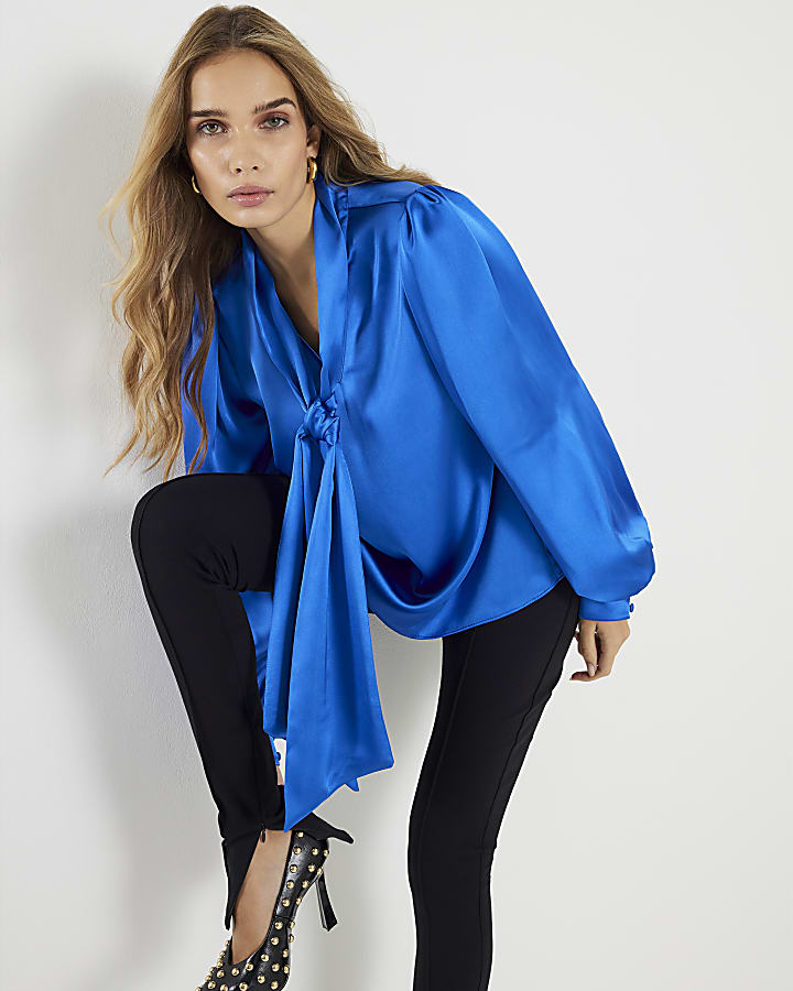 Blue Satin Pussybow Blouse