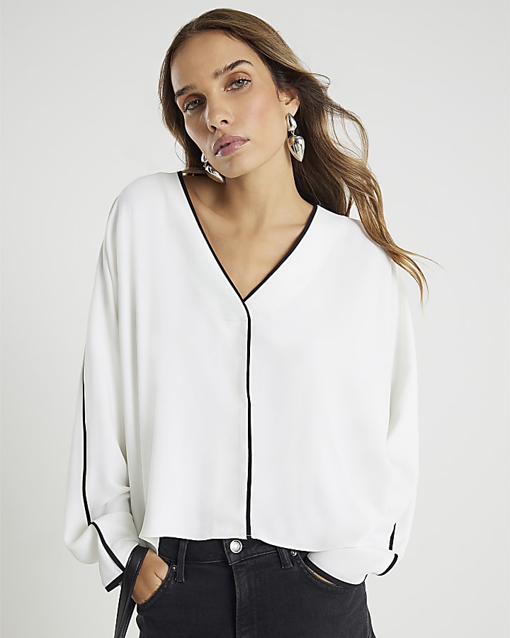 Cream V neck Batwing Blouse