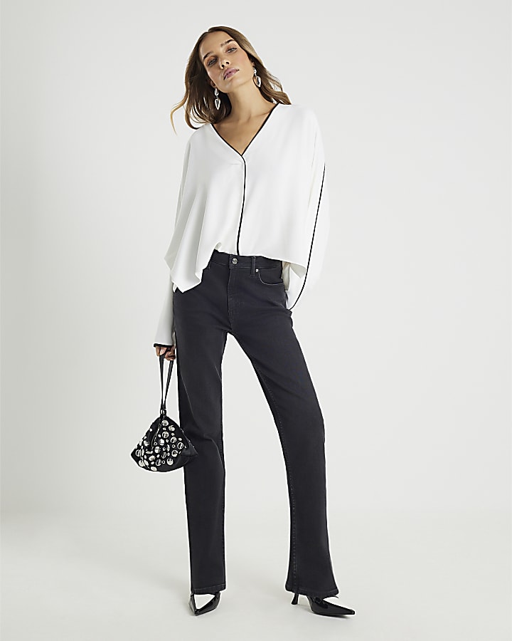 Cream V neck Batwing Blouse