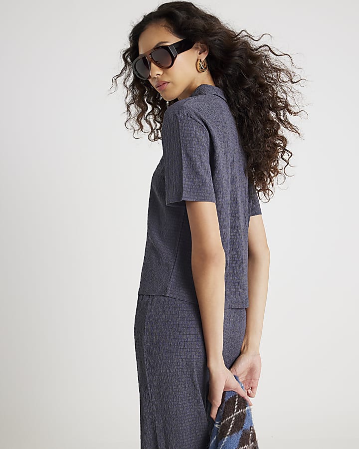 Grey Textured Short Sleeve Polo Top