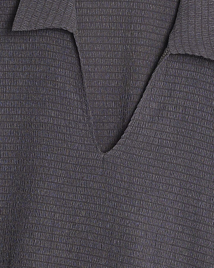 Grey Textured Short Sleeve Polo Top
