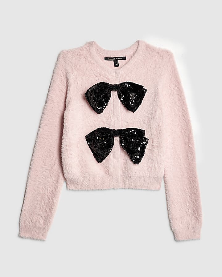 Pink Long Sleeve Sequin Bow Fluffy Cardigan