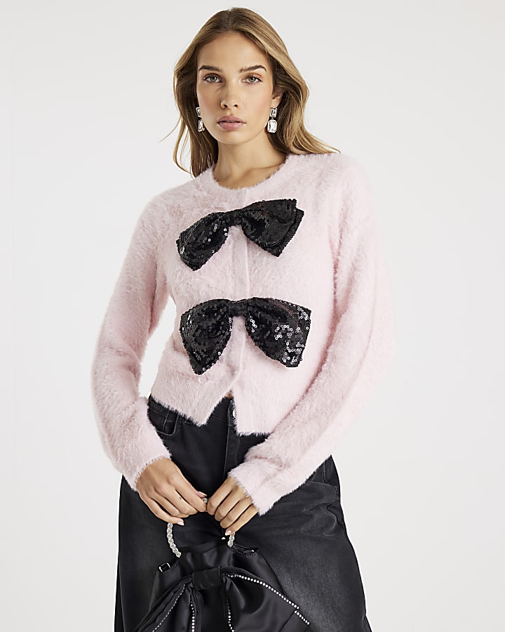 Pink Long Sleeve Sequin Bow Fluffy Cardigan