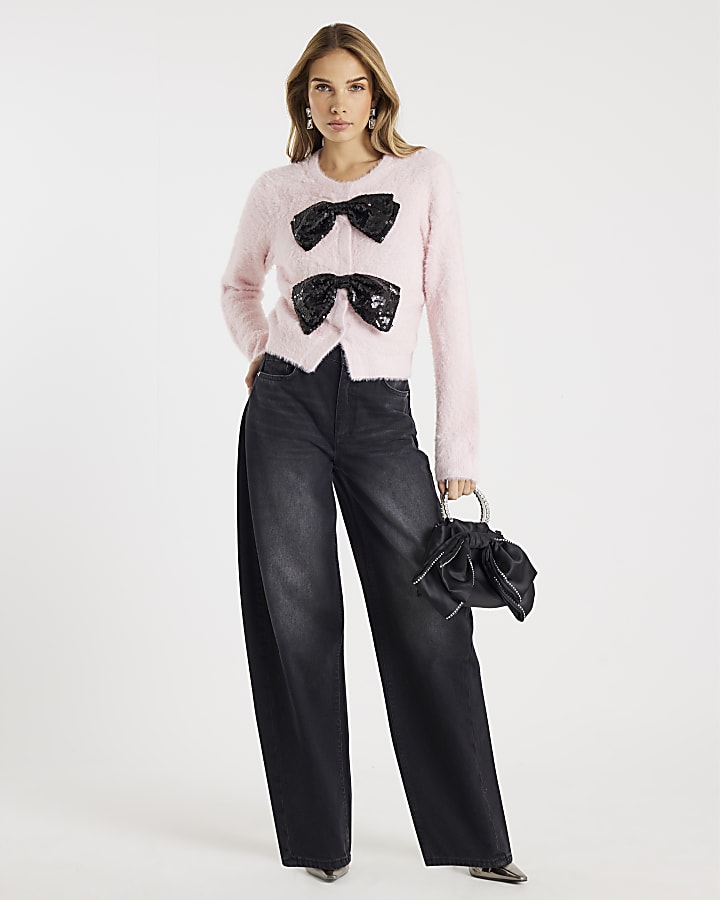 Pink Long Sleeve Sequin Bow Fluffy Cardigan