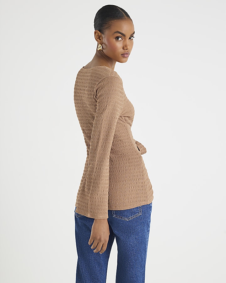 Beige Textured Long Sleeve Tie Waist Top
