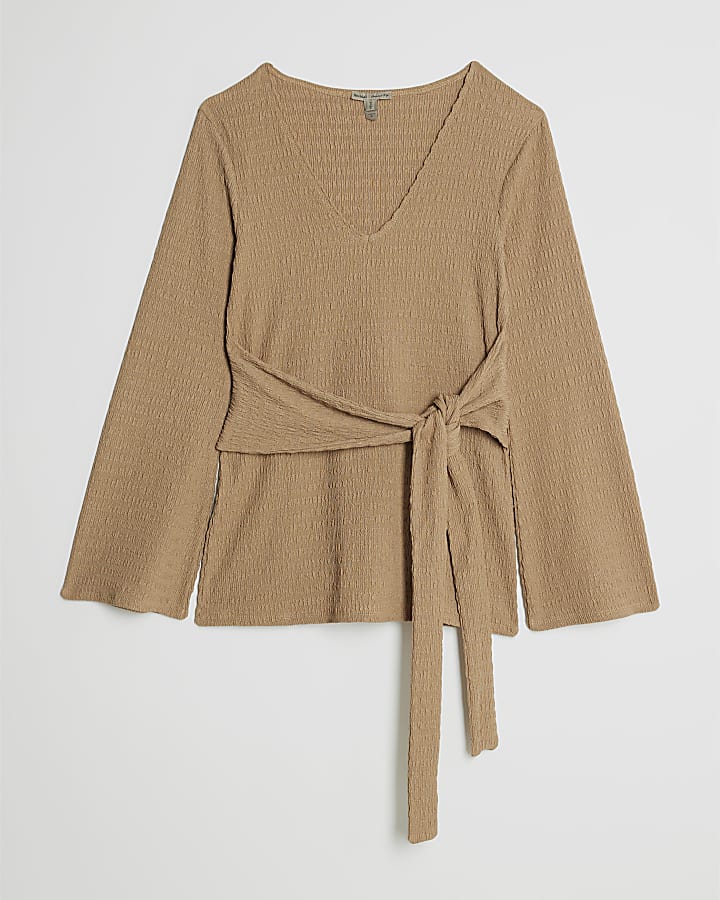 Beige Textured Long Sleeve Tie Waist Top