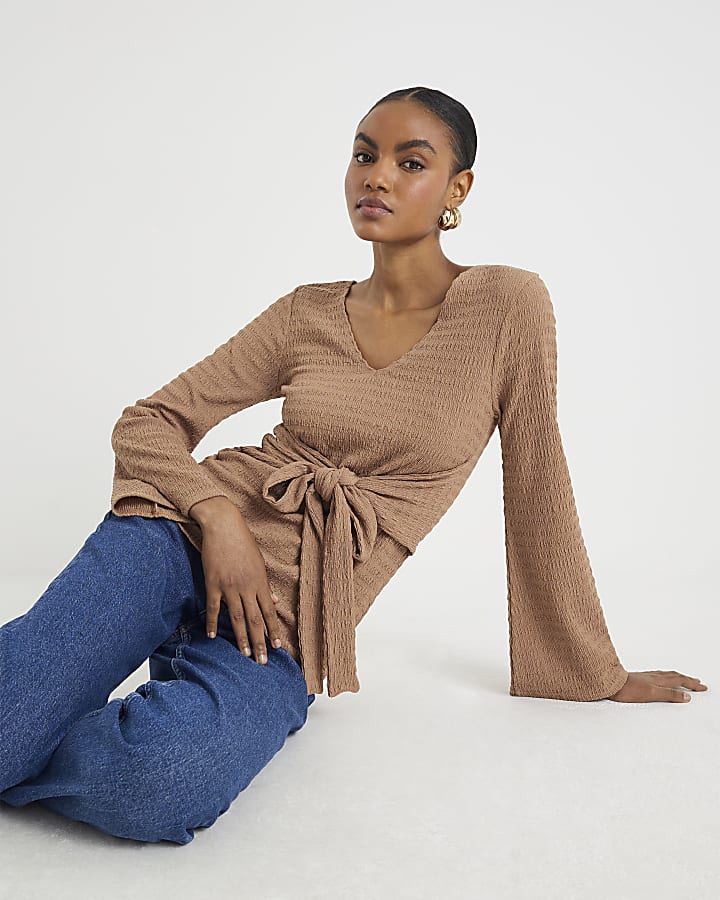 Beige Textured Long Sleeve Tie Waist Top