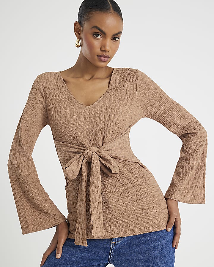Beige Textured Long Sleeve Tie Waist Top