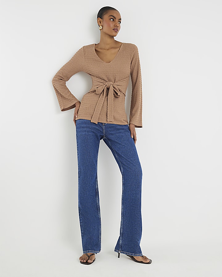 Beige Textured Long Sleeve Tie Waist Top