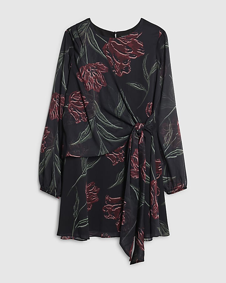 Black Floral Long Sleeve Knot Mini Dress