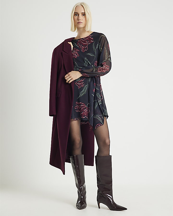 Black Floral Long Sleeve Knot Mini Dress